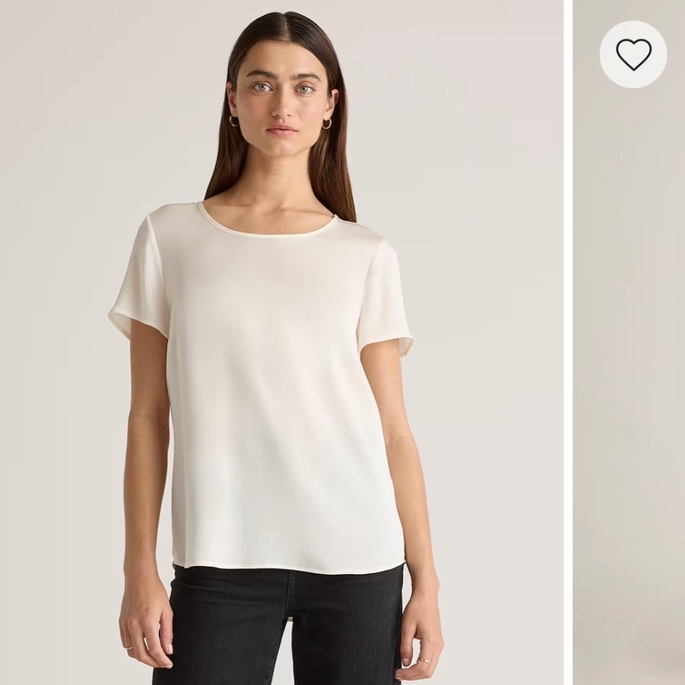 Quince Silk Stretch Short Sleeve Blouse Ivory White Crew Neck Top Size M